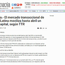 Economa.- El mercado transaccional de Amrica Latina moviliza hasta abril un 35% de capital, segn TTR